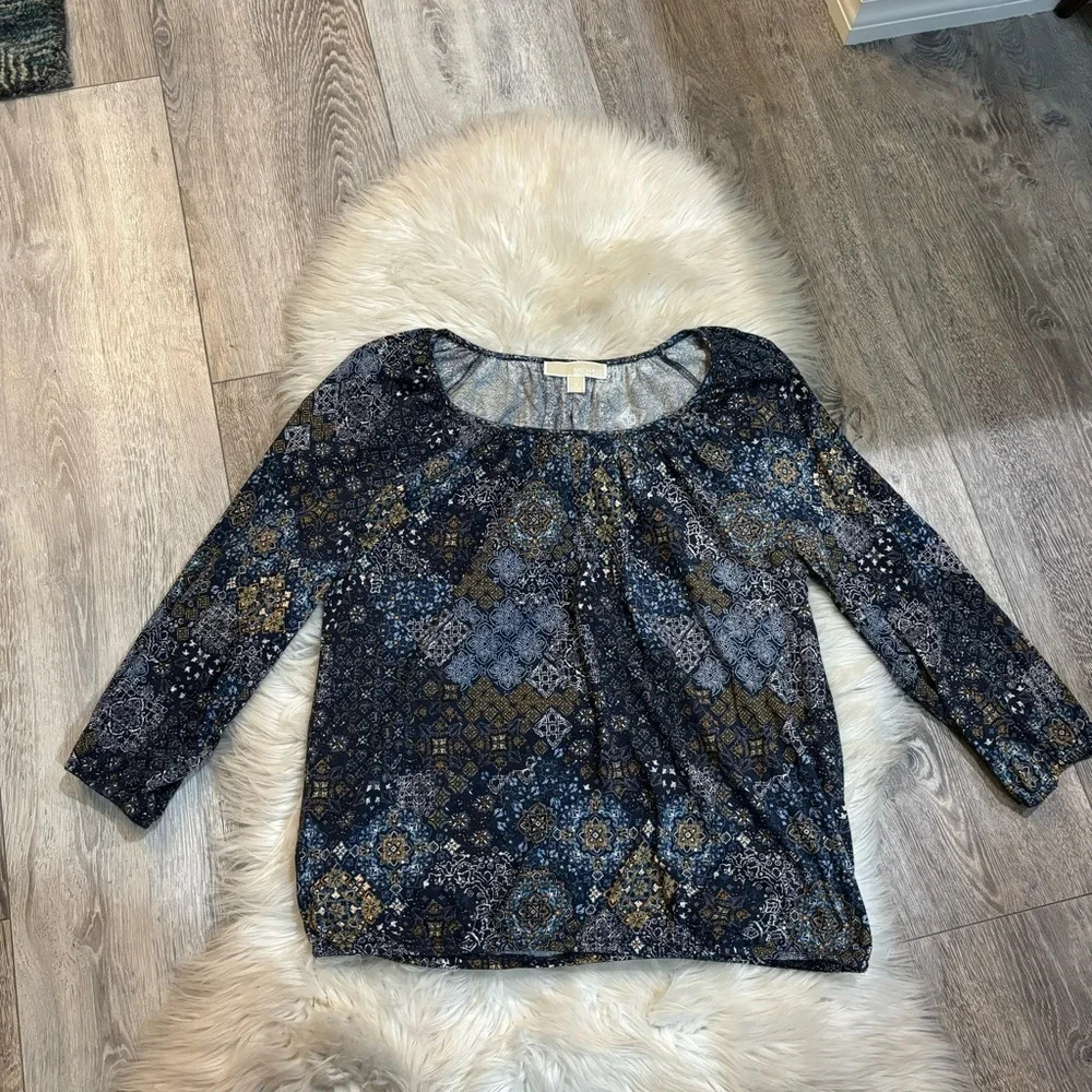 MICHAEL KORS Womens Blue Paisley 3/4 Sleeve Scoop Neck Top medium - Picture 4 of 10